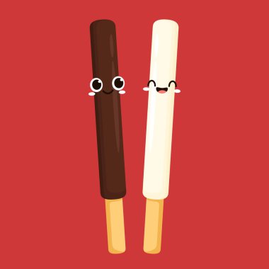 Koyu ve beyaz çikolata çubukları. Daldırılmış çubuk. Daldırılmış çizgi film vektörü. Çikolatalı kurabiye çubukları..