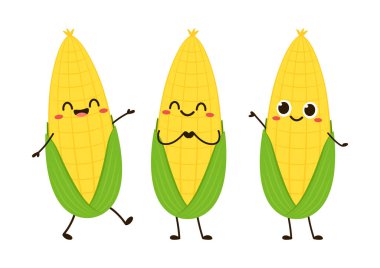 Mısır karikatürü vektörü. Beyaz üzerine izole edilmiş şirin bir sebze vektörü karakteri. Mısır maskotu..