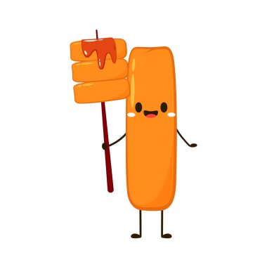 Tatlı Tteokbokki noodle çizgi filmi. Kore sokak yemeği. Basit vektör logosu sosisi. Tteokbokki Kore yemeğidir..