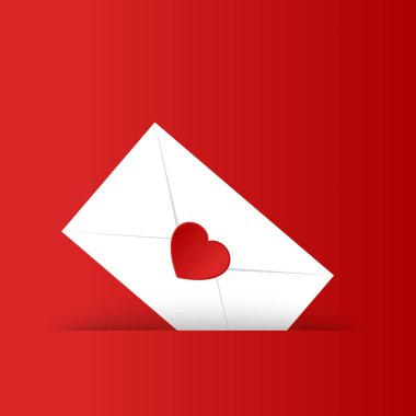 Vector romantic icon red envelope. In the envelope is a card with a heart. Illustration of a love letter in flat style.