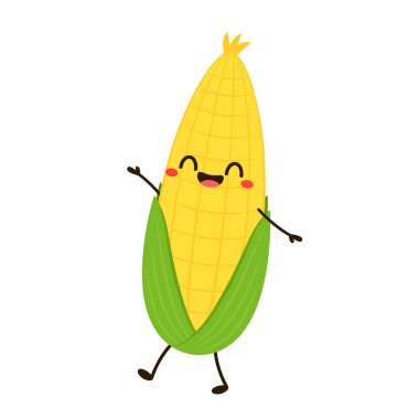 Mısır karikatürü vektörü. Beyaz üzerine izole edilmiş şirin bir sebze vektörü karakteri. Mısır maskotu..