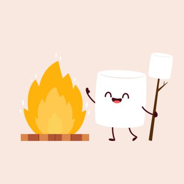 Marshmallow ateş vektörü illüstrasyonunun yanında oturuyor. Şekerleme çizgi film vektörü.