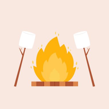 Ahşap yakan şenlik ateşi ve çubuklarda kızartılmış şekerlemeler. Piknik, yürüyüş, kamp, turizm. Düz vektör çizimi pembe arkaplanda izole edildi.