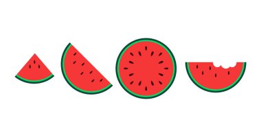 Karpuz düz simgeleri beyaz arkaplanda izole edildi. Çizgi film karpuz tatlısı ve kawaii tarzı. Komik karpuz çizimi. Tam, dilimlenmiş, yarı sağlıklı yaz meyve ikonları..