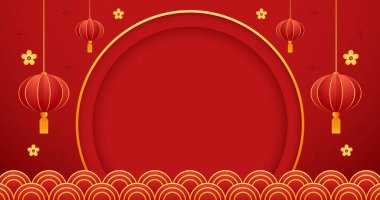 2023 yılınız kutlu olsun. Çin yeni yıl afişi, gösteri için daire şeklinde. Tebrik kartı. Kırmızı zemin üzerinde fener bulunan Çin çerçevesi.