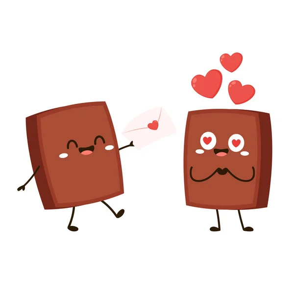 Personagem Barra Chocolate Bonito Engraçado Mascote Chocolate Vetor Cardíaco Carta — Vetor de Stock