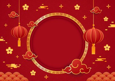 2023 yılınız kutlu olsun. Çin yeni yıl afişi, gösteri için daire şeklinde. Tebrik kartı. Kırmızı zemin üzerinde fener bulunan Çin çerçevesi.