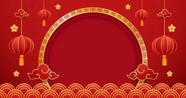 2023 yılınız kutlu olsun. Çin yeni yıl afişi, gösteri için daire şeklinde. Tebrik kartı. Kırmızı zemin üzerinde fener bulunan Çin çerçevesi.