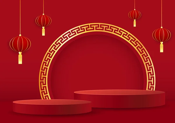 幸せな中国の新年2023 ショー製品のための円と中国の旧正月のバナー グリーティングカード 赤の背景に提灯と中国のフレーム — ストックベクタ