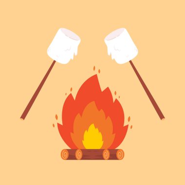 Ahşap yakan şenlik ateşi ve çubuklarda kızartılmış şekerlemeler. Piknik, yürüyüş, kamp, turizm. Düz vektör çizimi turuncu arkaplanda izole edildi.