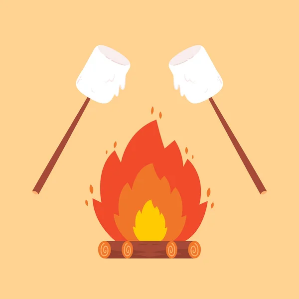 Wood Burning Bonfire Fried Marshmallows Sticks Picnic Hiking Camping Tourism — Stock Vector