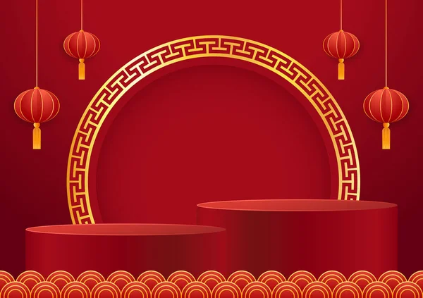 中国农历2023年快乐 中国新年横幅与圆形的展示产品 问候卡 中国的镜框 红色背景的灯笼 — 图库矢量图片