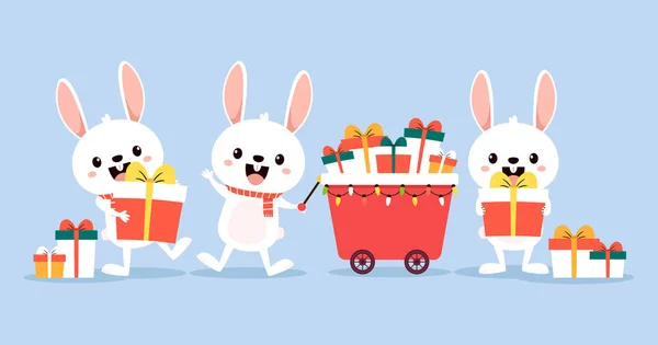 Conejo Navidad Carrito Compras Navidad Con Caja Regalos Ilustración Vectorial — Vector de stock