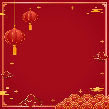 2023 yılınız kutlu olsun. Çin yeni yıl afişi, gösteri için daire şeklinde. Tebrik kartı. Kırmızı zemin üzerinde fener bulunan Çin çerçevesi.