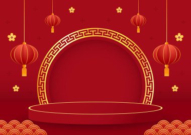 2023 yılınız kutlu olsun. Çin yeni yıl afişi, gösteri için daire şeklinde. Tebrik kartı. Kırmızı zemin üzerinde fener bulunan Çin çerçevesi.