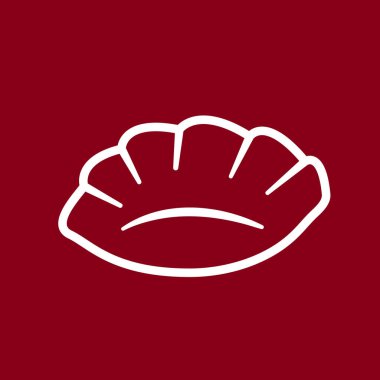 Gyoza vektörü. Kırmızı arka planda sıcak hamur tatlısı ve çubuklar. Dim Sum buğulama ya da restoran logosu için çörek illüstrasyonu. Japonlar için Asya gıda simgesi.