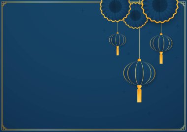 2023 yılınız kutlu olsun. Çin yeni yıl afişi, gösteri için daire şeklinde. Tebrik kartı. Mavi arka planda fener bulunan Çin çerçevesi.