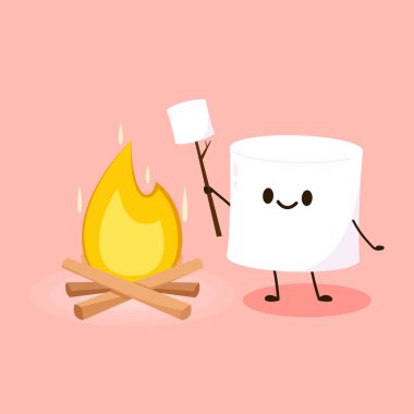 Marshmallow ateş vektörü illüstrasyonunun yanında oturuyor. Şekerleme çizgi film vektörü.