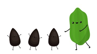 Siyah susam tohumu karakter tasarımı. Beyaz arkaplanda siyah susam tohumu.