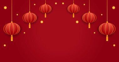 2023 yılınız kutlu olsun. Çin yeni yıl afişi, gösteri için daire şeklinde. Tebrik kartı. Kırmızı zemin üzerinde fener bulunan Çin çerçevesi.