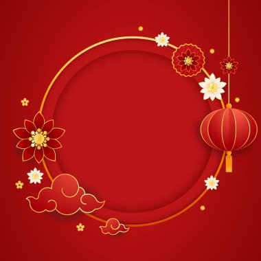 2023 yılınız kutlu olsun. Çin yeni yıl afişi, gösteri için daire şeklinde. Tebrik kartı. Kırmızı zemin üzerinde fener bulunan Çin çerçevesi.