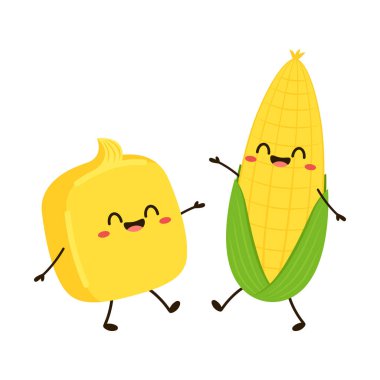 Mısır ve tereyağı vektörü. Mısır ve Tereyağı karakter tasarımı. Beyaz arkaplanda mısır.