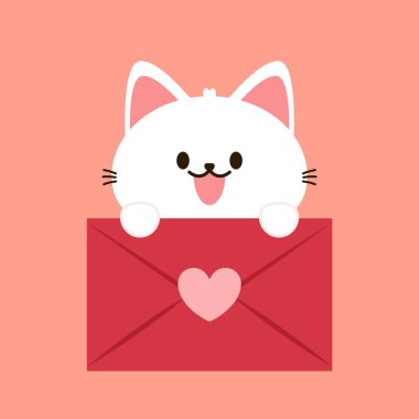 Cartoon cat biting a huge heart. Valentine's Day greeting card.