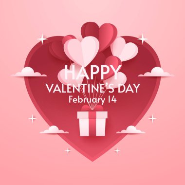 Valentine's Day Banner. Happy Valentine's Day greeting card design. Holiday banner with hot air heart balloon. Paper art and digital craft style illustration.