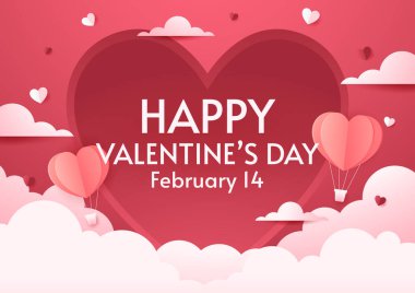 Valentine's Day Banner. Happy Valentine's Day greeting card design. Holiday banner with hot air heart balloon. Paper art and digital craft style illustration.