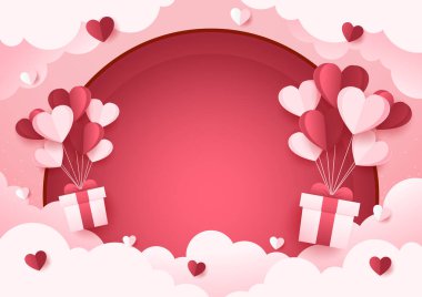 Valentines day background with product display and Heart Shaped Balloons. Paper cut style.
