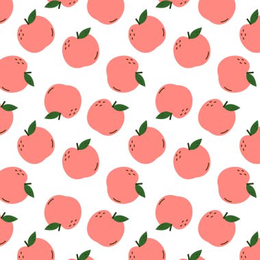 Peach and Heart pattern background. Doodle peach with leaves icon. Peach fruit in shape of heart isolated on white background. Farm, natural food, fresh fruits.