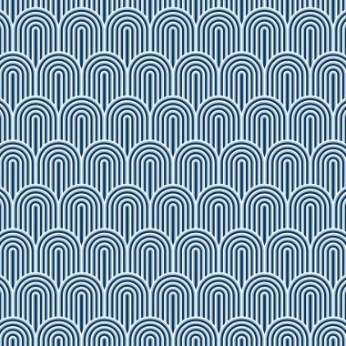 Denizkızı balık pulu Japon lüks modelini sallıyor. Koyu mavi arkaplan ve beyaz çizgi. Japonya çizgi deseni.