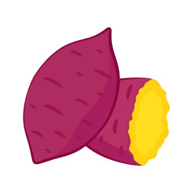 Tatlı patates. Organik sağlıklı sebze. Taze doğal kök. Düz vektör karikatür şeklinde yapılmış. Kızarmış tatlı patates. Japon Tatlı Patates.