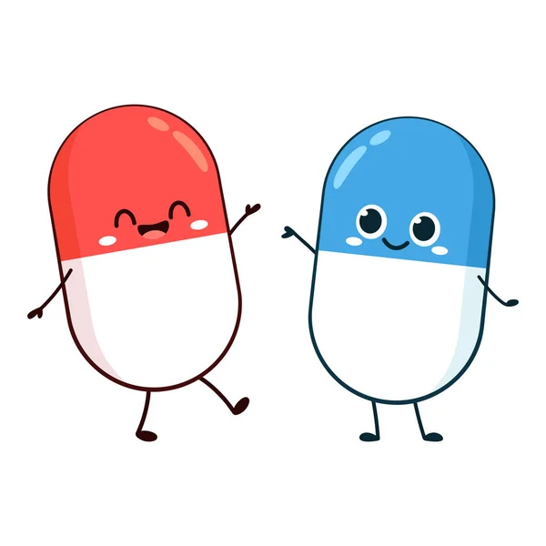 Cute Cartoon Character Medicine Pill Pharmacy Mascot Smiling Waving Pointing — Stock Vector