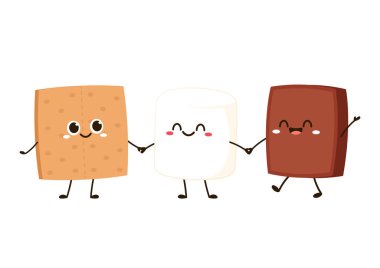 Çikolatalı ve şekerli sandviçler. Tatlı hazırlayan smore çocuk şeması, beyaz arkaplanda izole edilmiş çizgi film vektör çizimi.