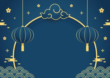 Mutlu Çin Yeni Yılı 2024. Çin yeni yıl afişi, gösteri için daire şeklinde. Tebrik kartı. Mavi arka planda fener bulunan Çin çerçevesi.