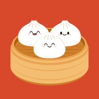 Cute Dim sum character, traditional Chinese dumplings, with funny smiling faces. Kawaii Asian food vector. clipart