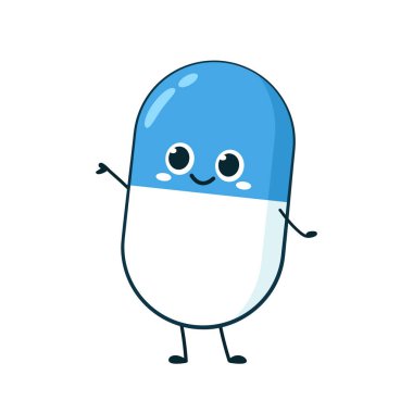 Tatlı çizgi film karakteri, ilaç hapı eczane maskotu. Gülen, el sallayan ve Kawaii suratlı hapları işaret eden. Vektör klibi resim çizimi.