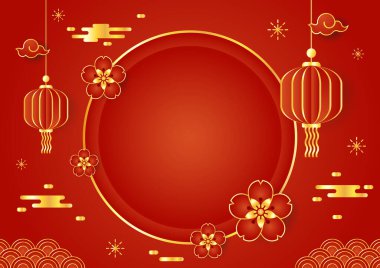 Happy Chinese new year 2024. Chinese new year banner with circle for show product. Greeting card. China frame with lantern on red background.