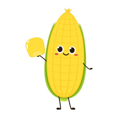 Mısır karikatürü vektörü. Beyaz üzerine izole edilmiş şirin bir sebze vektörü karakteri. Mısır maskotu..