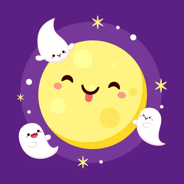 Cute Yellow Moon Ghost Halloween Vector Illustration Isolated Purple Background — Stock Vector