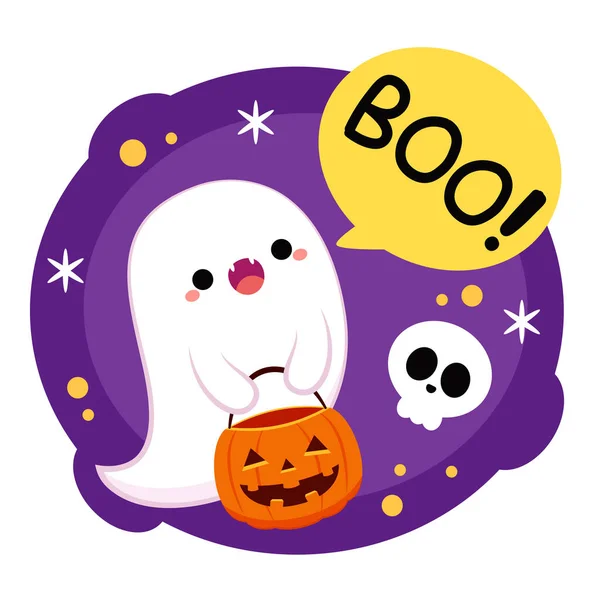 Feliz Festa Halloween Cartão Saudação Com Fantasma Bonito Personagem Desenhos —  Vetores de Stock