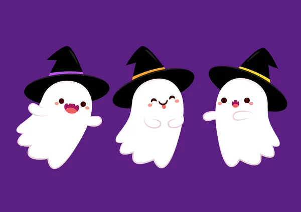 Cute Ghost Floating Halloween Pumpkin Basket Trick Treat Funny Spooky — Stock Vector