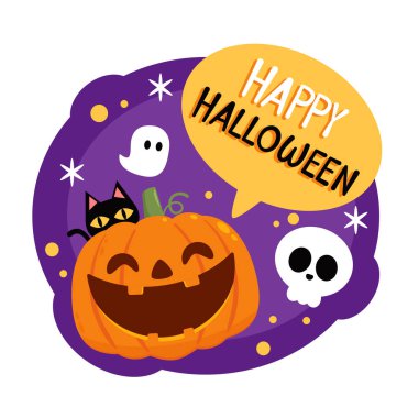 Happy halloween greeting card with cute pumpkin. Holidays cartoon character. Halloween pumpkin head vector.