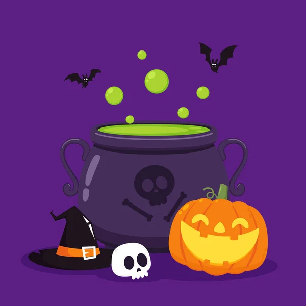 stock vector Halloween witches violet cauldron with poison potion isolated on purple background. Vector Illustration of a Witch's Cauldron.