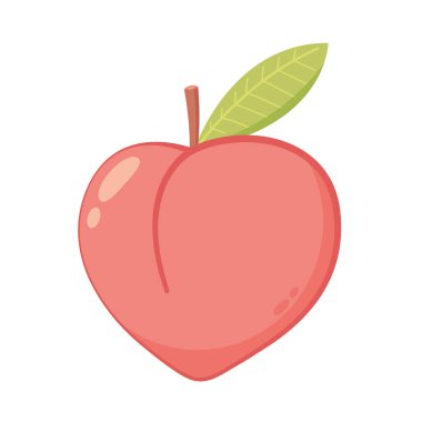 Şeftali çizgi film vektörü. Yaprak ikonlu şeftali. Beyaz arkaplanda kalp şeklinde şeftali meyveleri var. Çiftlik, doğal yiyecek, taze meyve..