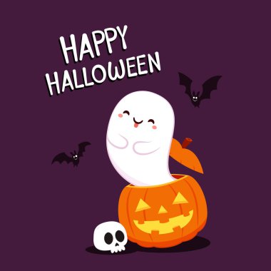 Happy halloween party greeting card with cute ghost. Holidays cartoon character. Trick or treat. Halloween funny cartoon.