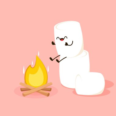 Şekerleme karakteri. Şiş şiş üzerine lokum parçası orman ateşinde kavruluyor. Şenlik ateşi vektörü. Şekerleme çizgi film vektörü. 