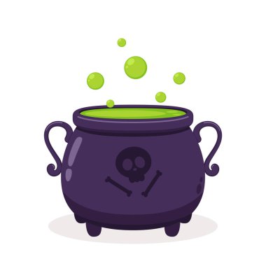 Cadılar Bayramı cadıları, beyaz arka planda izole edilmiş zehirli iksirli mor kazan. Bir cadının Kazanı 'nın Vektör İllüstrasyonu.
