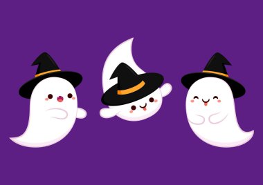 Cadılar Bayramı 'nda şeker mi şaka mı için balkabağı sepeti taşıyan şirin bir hayalet. Tuhaf, ürkünç, yuhalama karakteri. Gülen surat ifadeli hayalet. İzole çocuklar düz vektör çizimi.